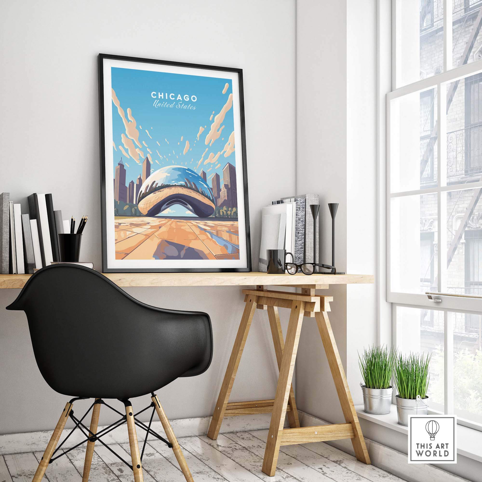 Chicago print featuring The Cloud Gate art in a stylish home office setting with modern furnishings.