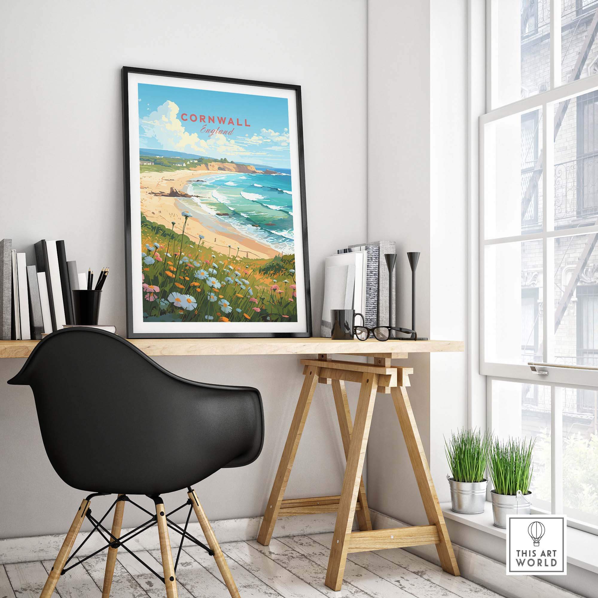 Cornwall art print displayed in modern home office, capturing beach vibes and serene coastal landscape.