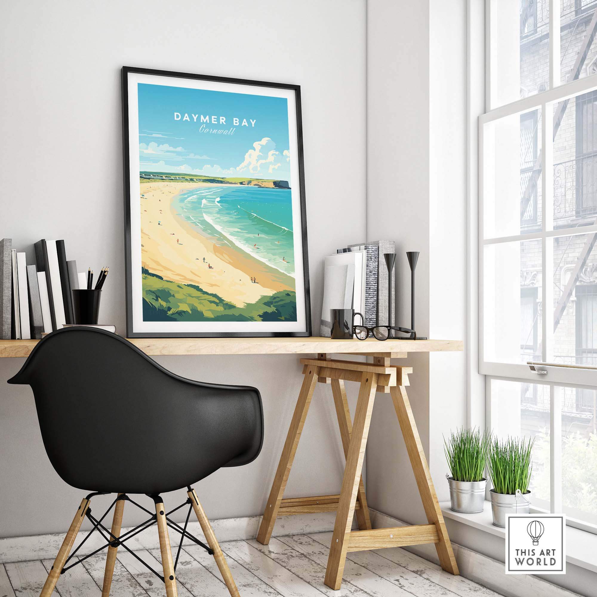 Daymer Bay Cornwall print on a wall in a modern workspace, showcasing serene beach landscape for relaxation.