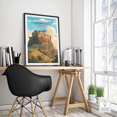 Edinburgh Poster Print showcasing Edinburgh Castle in a stylish home office setting, perfect wall art for travel lovers.