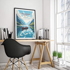 Fjords Wall Art Norway displayed in a modern interior, featuring a boat on a serene blue lake surrounded by mountains.