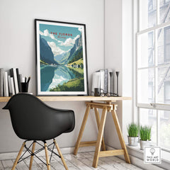 Norway Fjords travel poster displayed in a modern workspace, showcasing vibrant colors and stunning mountain reflections.
