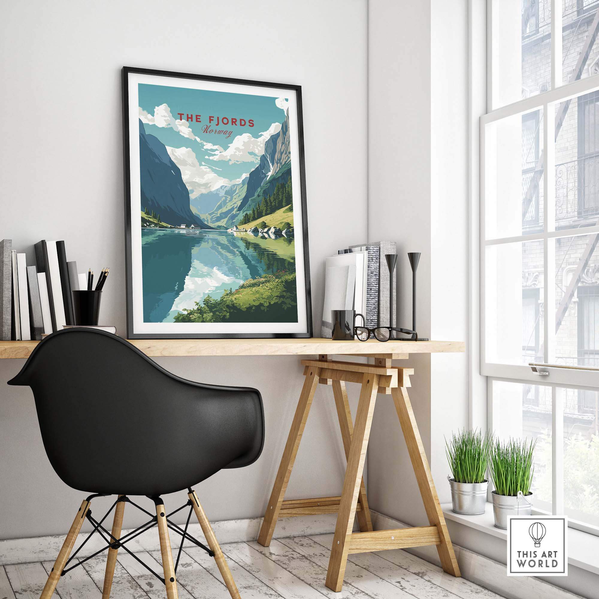 Norway Fjords travel poster displayed in a modern workspace, showcasing vibrant colors and stunning mountain reflections.