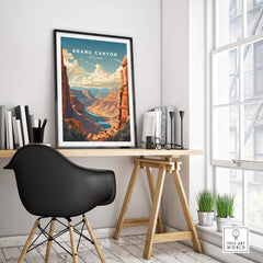 Grand Canyon poster framed on wall, enhancing a modern workspace with Arizona's scenic beauty and artistic flair.