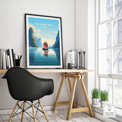 Ha Long Bay poster featuring a junk boat sailing in turquoise waters, displayed in a stylish interior.