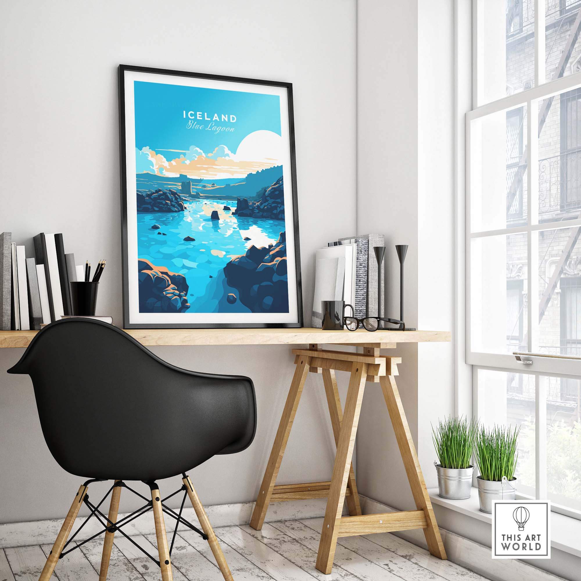 Blue Lagoon Iceland poster displayed in a stylish interior setting, showcasing vibrant artwork and decor.