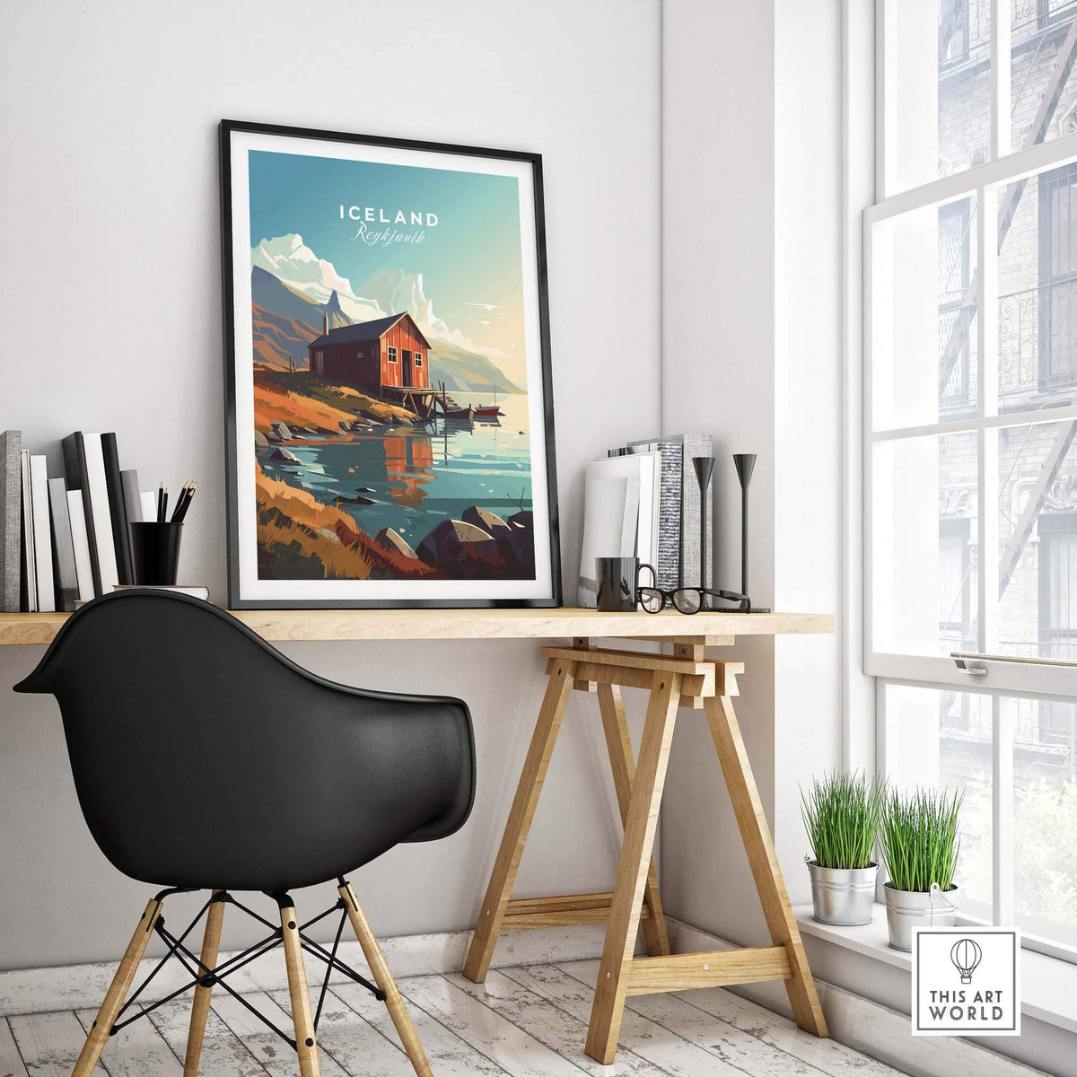 Stylish Iceland poster featuring Reykjavik's landscape in an elegant home office setting.