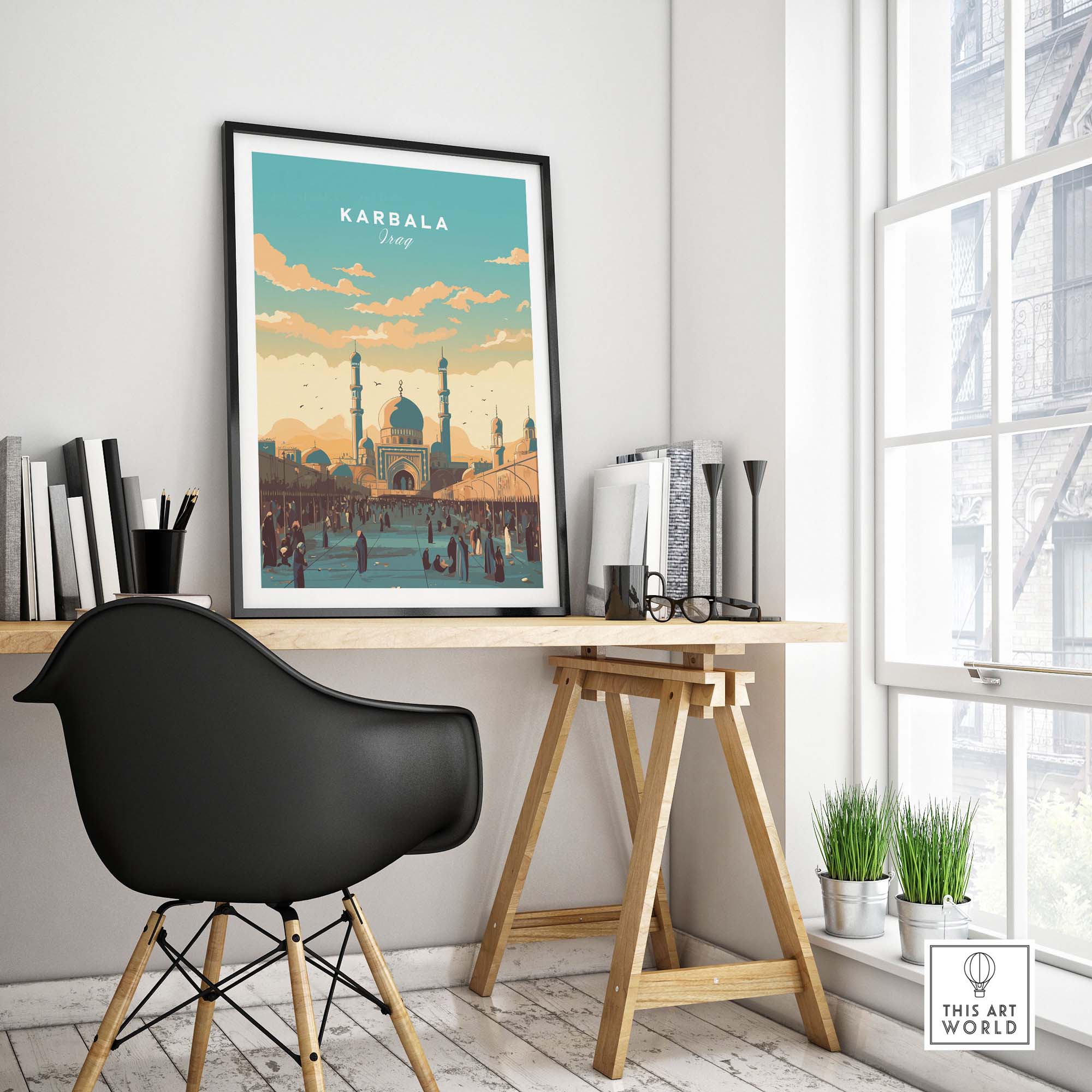 Karbala Iraq travel poster print showcasing the city's vibrant architecture, perfect for home décor.