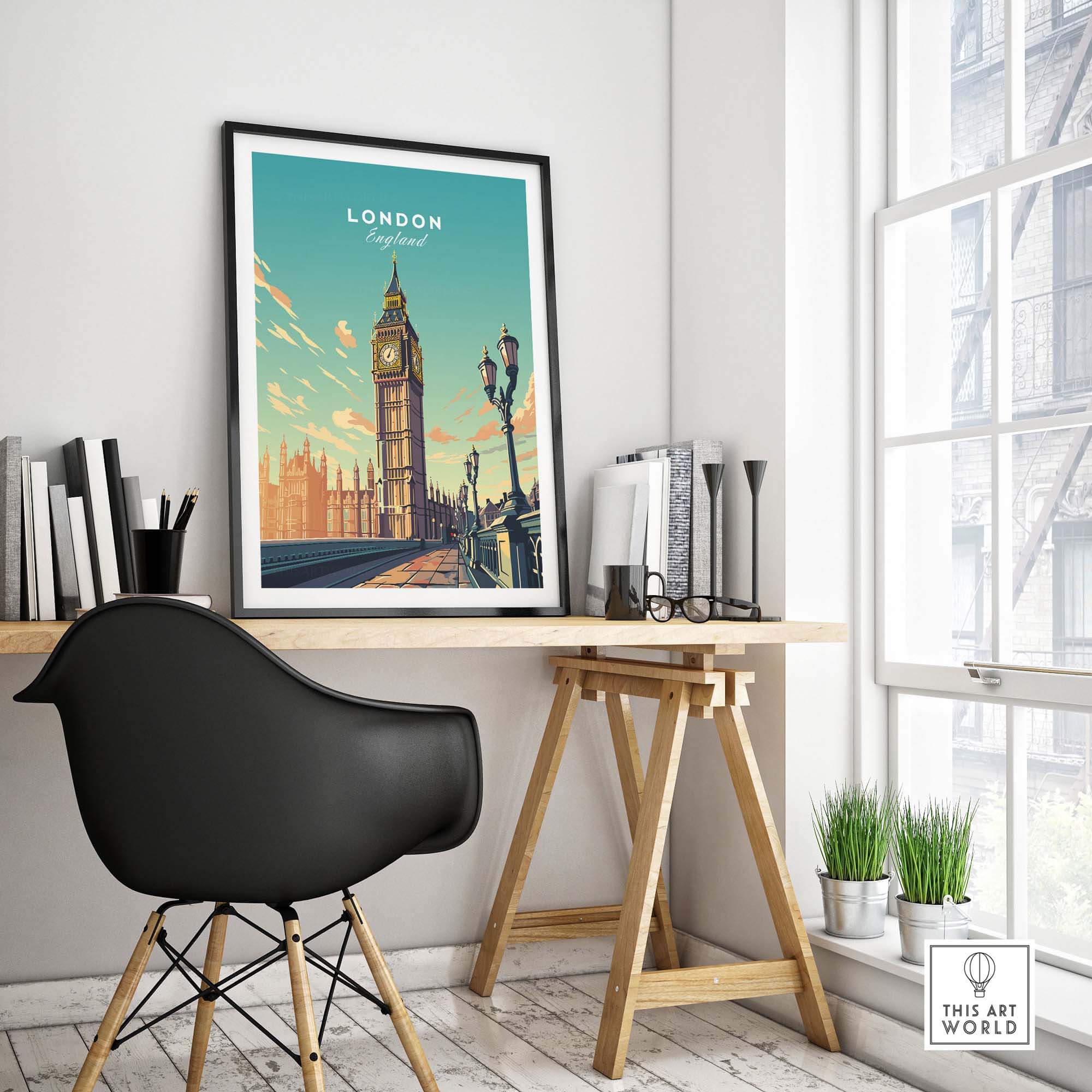 London Big Ben poster on a stylish desk, adding a pop of color and character to a modern home decor setting.