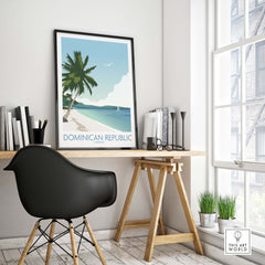 Dominican Republic wall art print featuring palm trees and beach, perfect for home decor or gallery wall.