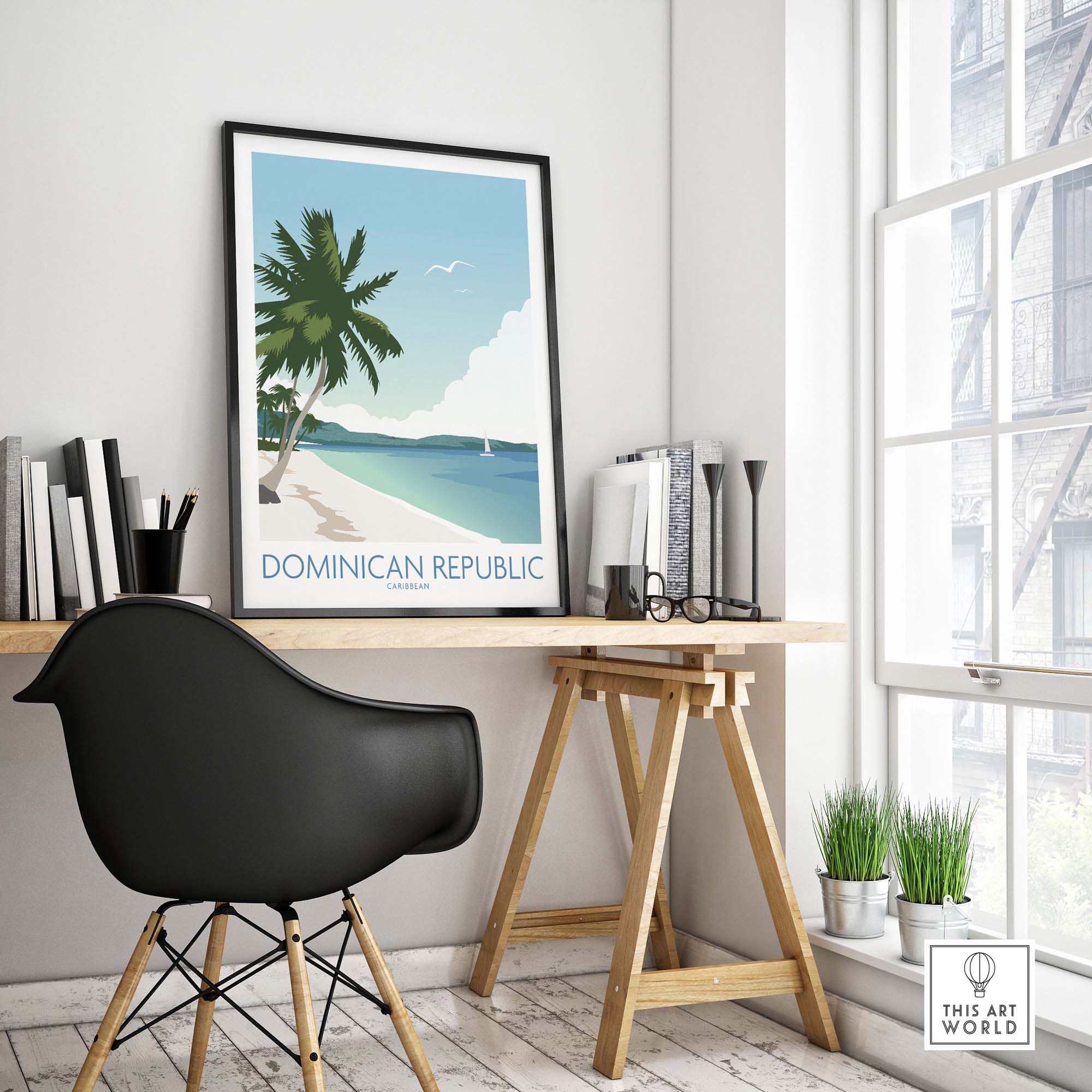 Dominican Republic wall art print featuring palm trees and beach, perfect for home decor or gallery wall.