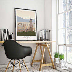 Malaga Wall Art Print displayed in a modern office setting, showcasing the charm of Spain's scenic city.
