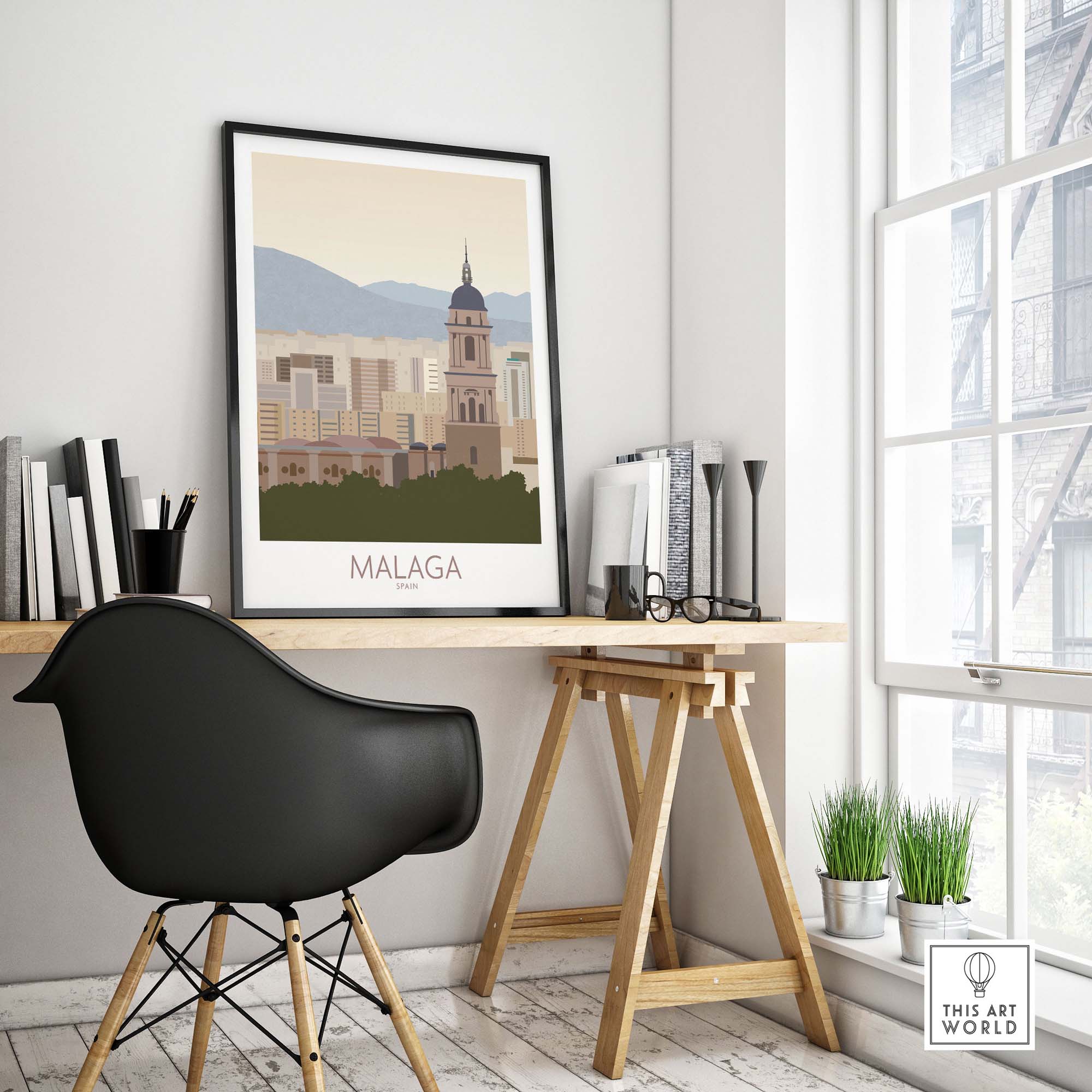 Malaga Wall Art Print displayed in a modern office setting, showcasing the charm of Spain's scenic city.