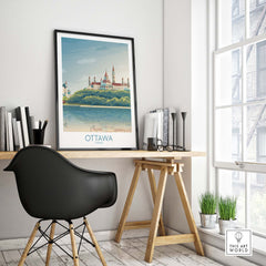 Ottawa Wall Art Print displayed in a modern office setting, showcasing iconic landmarks and Canadian spirit.