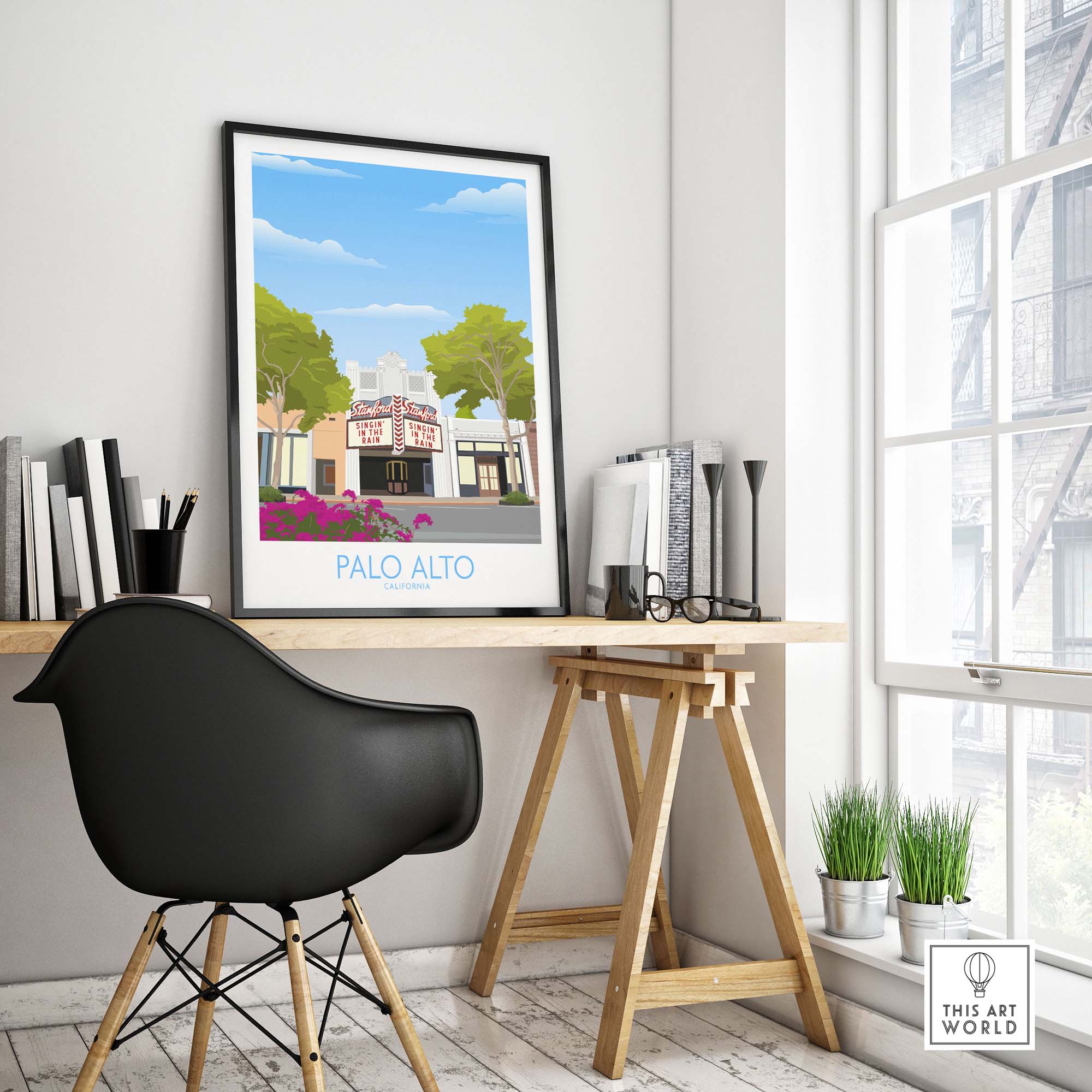 Palo Alto Wall Art Print displayed in a modern room with a chair and desk, showcasing California's Palo Alto Theatre.