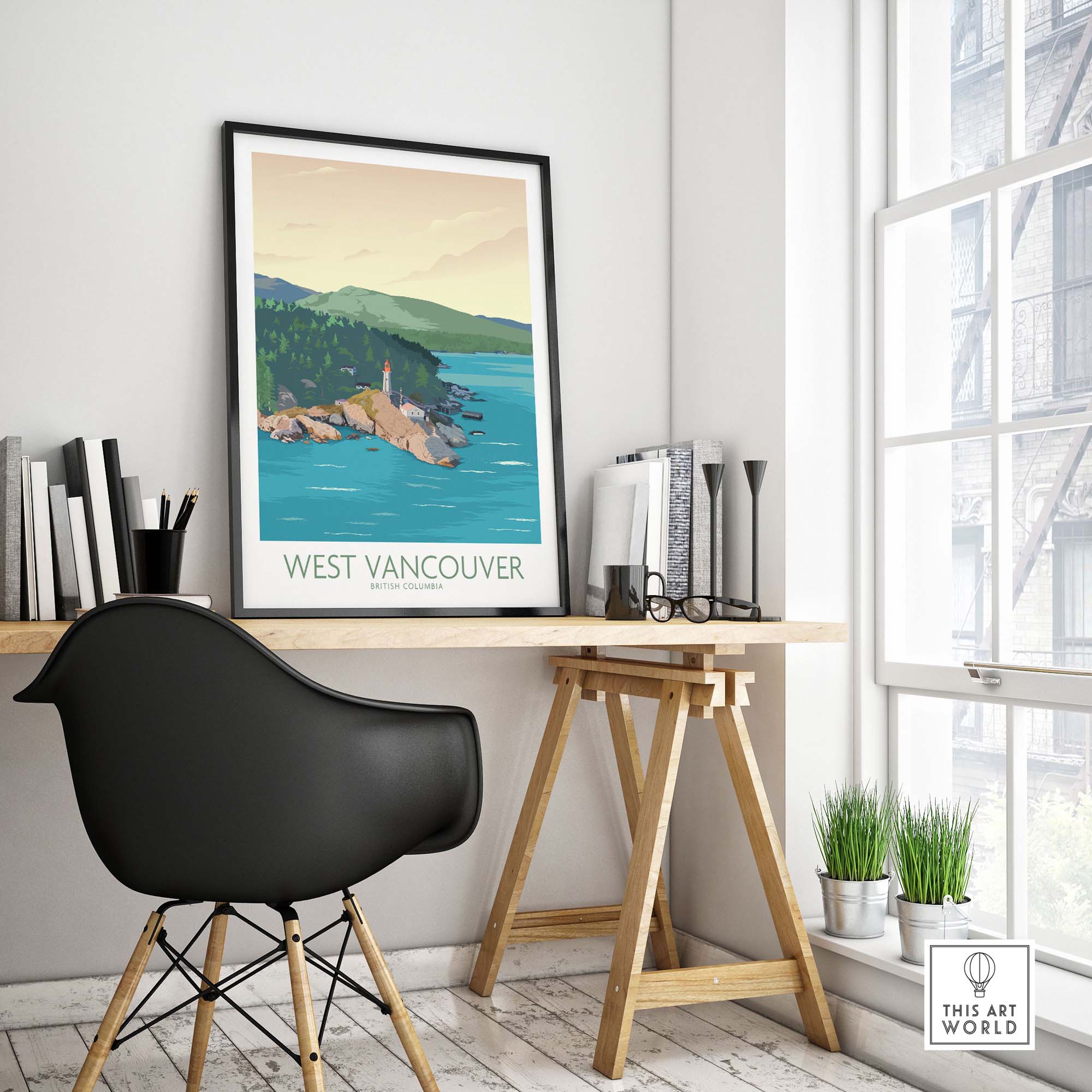 West Vancouver wall art print featuring a lighthouse and lush BC nature, perfect for home decor.