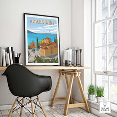 Macedonia travel poster print displayed in a modern workspace with stylish decor and natural light.
