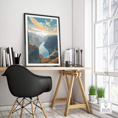 Fjord Wall Art Print showcasing Norway's breathtaking scenery in a modern home office setting.