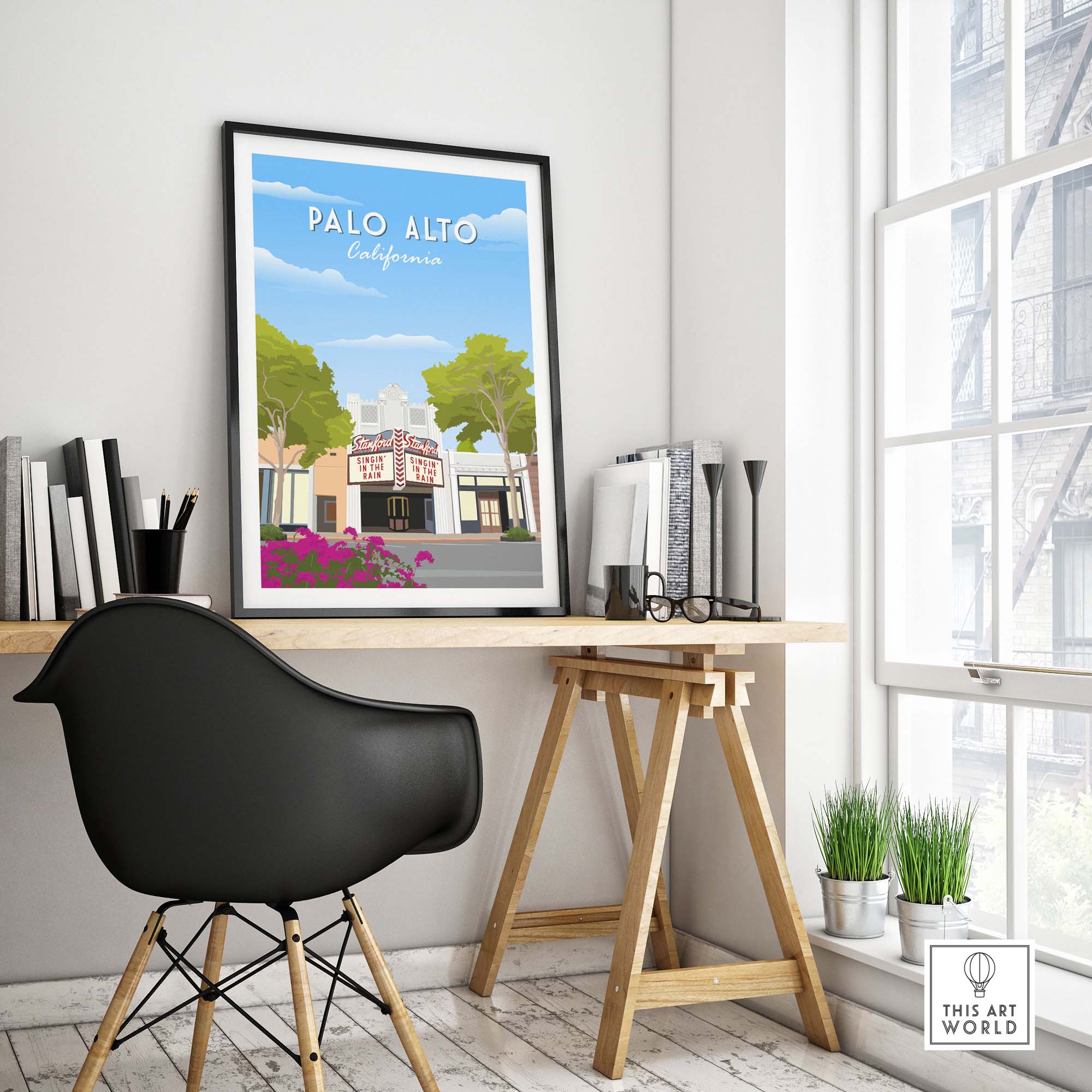 Palo Alto California travel poster print featuring the iconic Stanford Theatre in a stylish home setting.