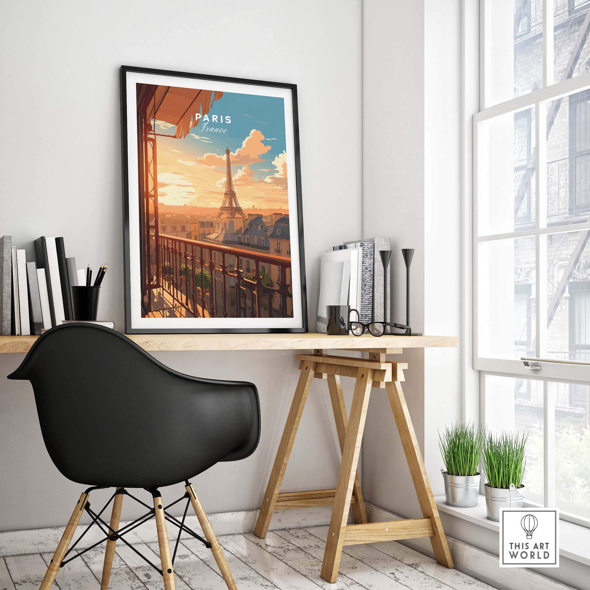 Paris Eiffel Tower poster on a wall above a minimalist workspace, adding a touch of elegance and nostalgia to the room.