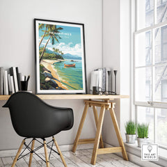 Stylish interior featuring a vibrant Philippines art print above a modern desk, showcasing tropical beach vibes.
