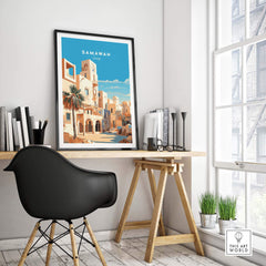 Samawah Iraq travel poster print displayed in a modern home office, showcasing Middle Eastern architecture.