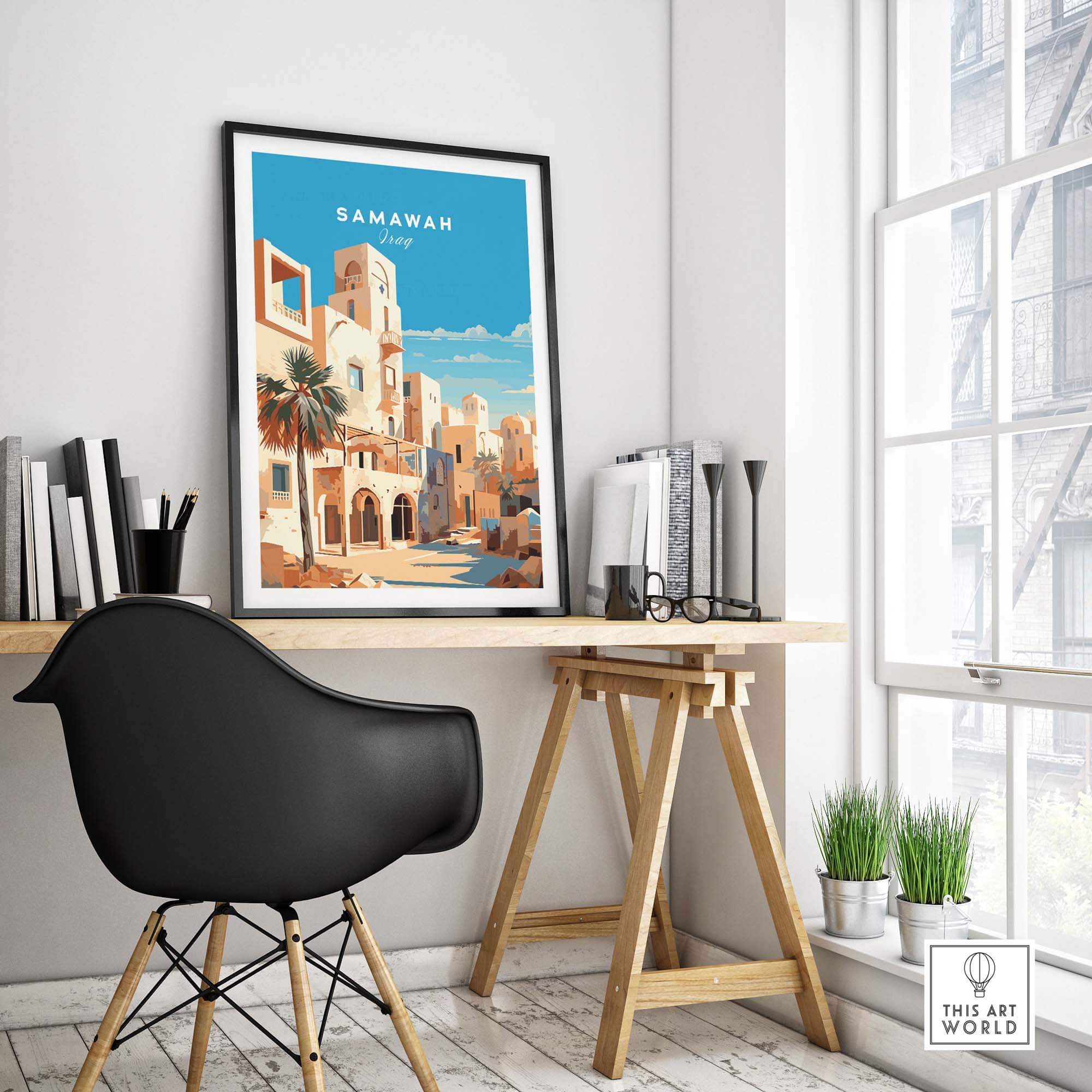 Samawah Iraq travel poster print displayed in a modern home office, showcasing Middle Eastern architecture.