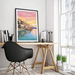 Skiathos Greece travel poster print displayed in a stylish home office, showcasing vibrant colors and coastal views.