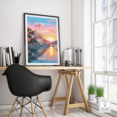 Skopelos Greece travel poster print showcasing vibrant sunset views and reflections in a stylish interior setting.
