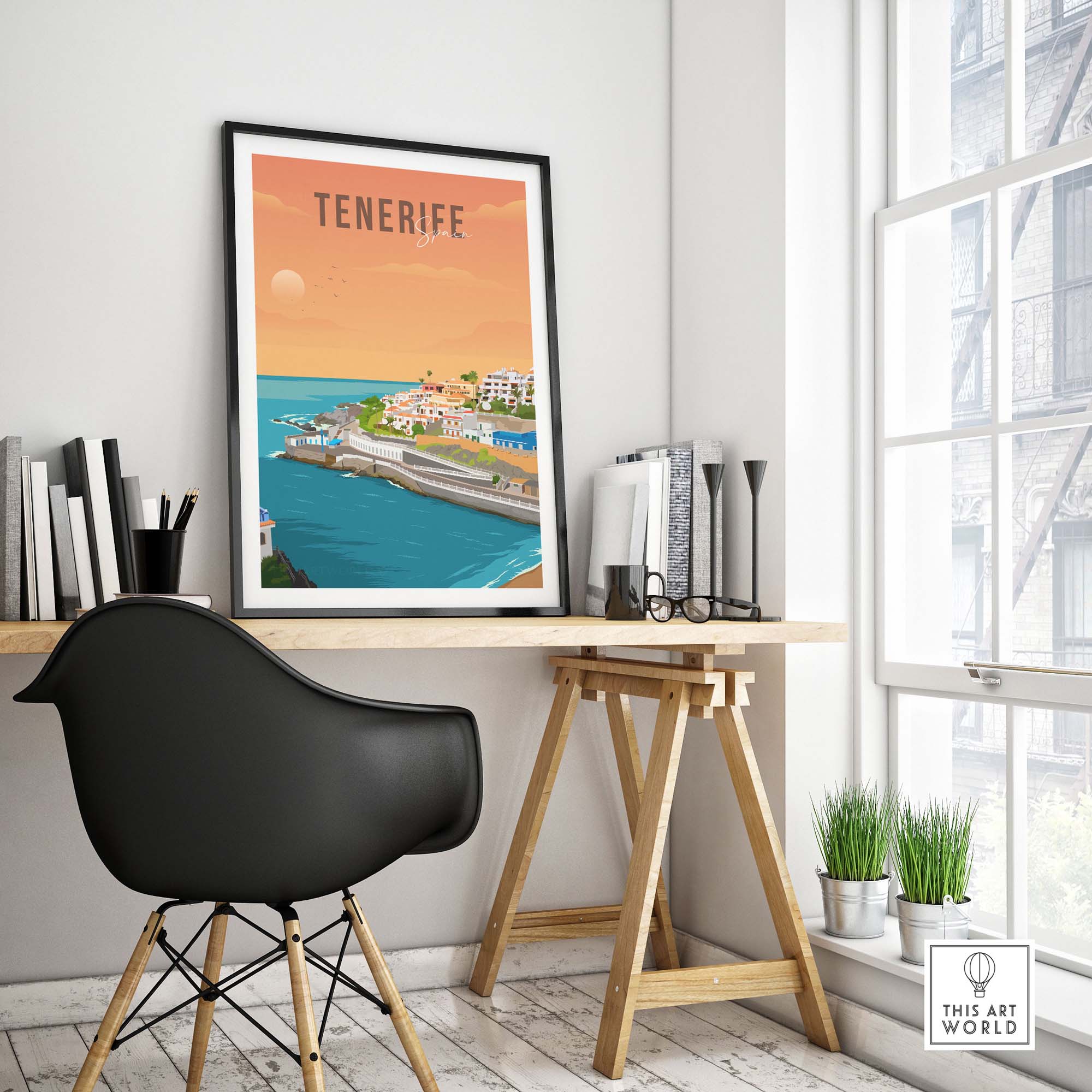 Tenerife Spain travel poster print displayed in a stylish home office, showcasing vibrant Canary Islands scenery.