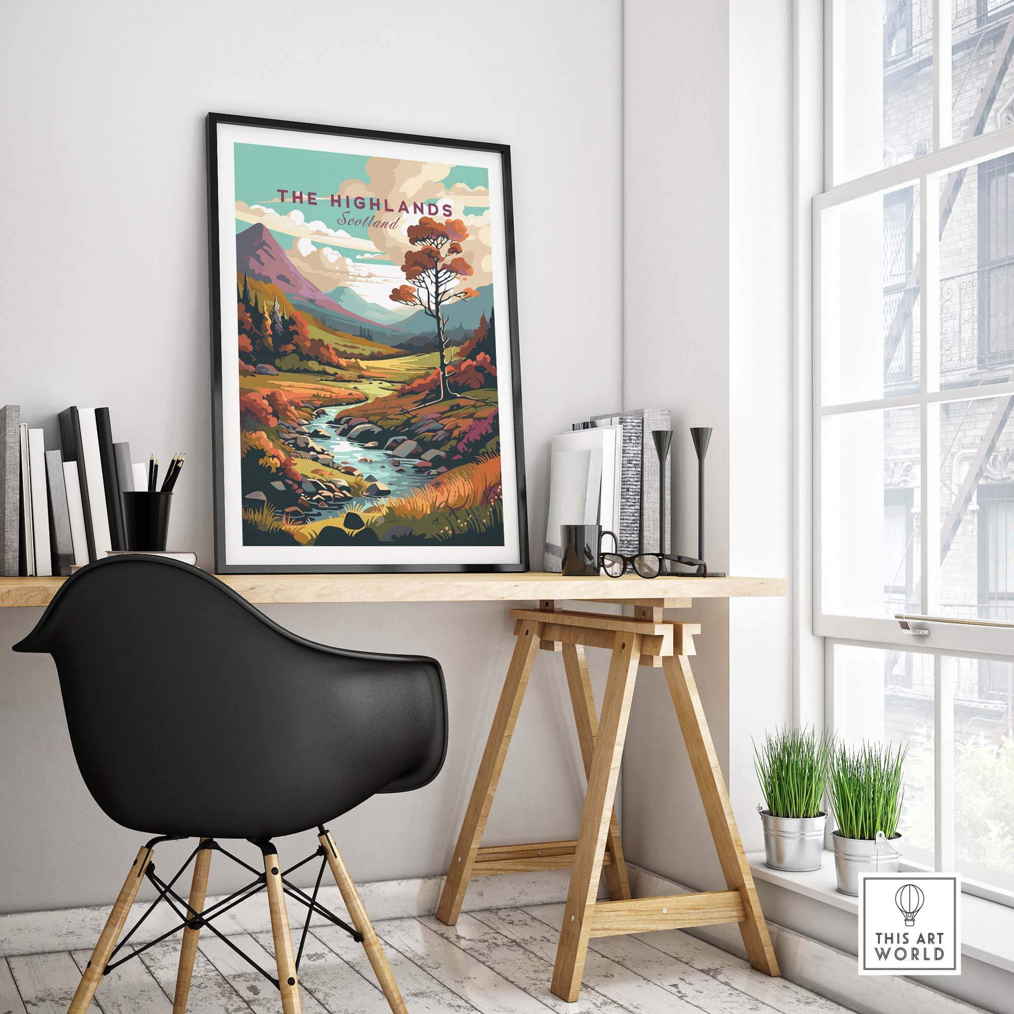 Scottish Highlands wall art displayed in a stylish home office setting, featuring vibrant colors and scenic landscape details.
