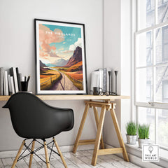 Scottish Highlands art print showcased in a stylish home office with modern decor and a scenic landscape design.