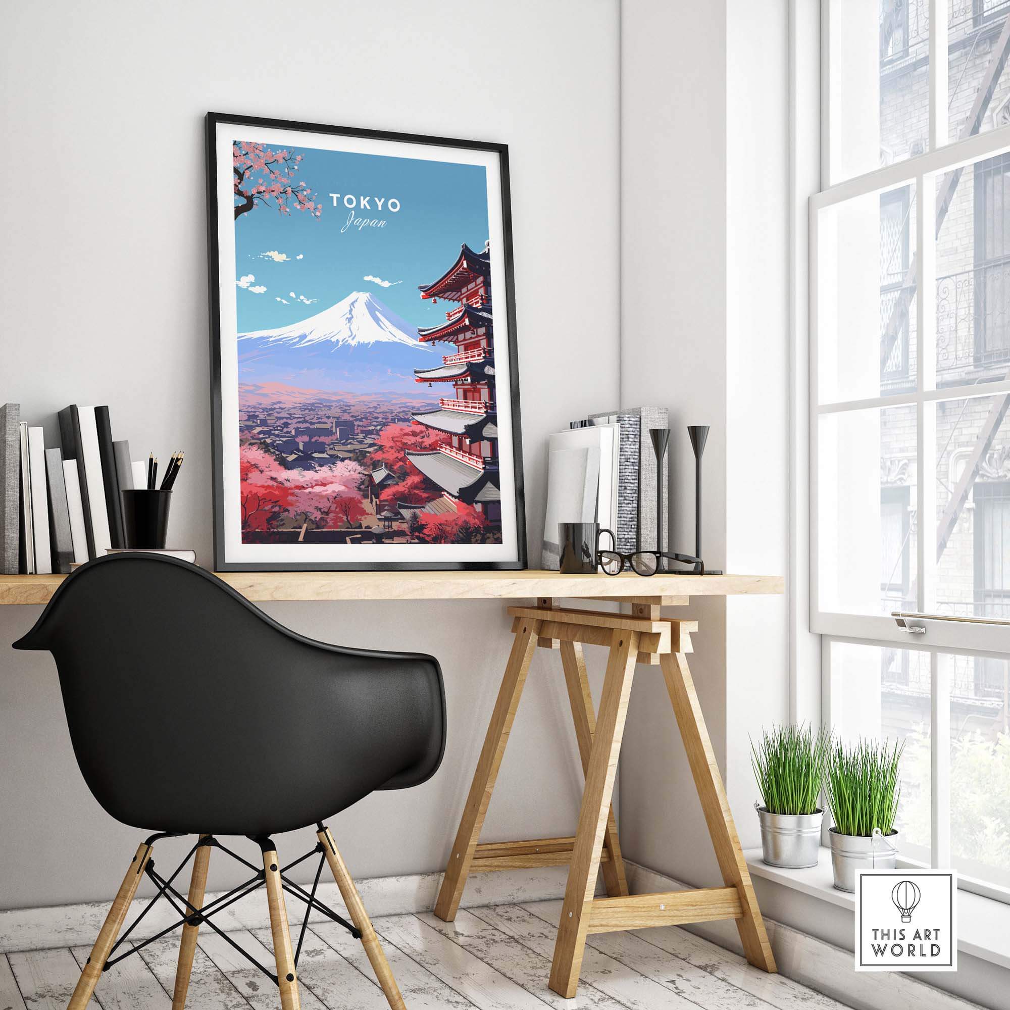 Tokyo travel poster featuring Mount Fuji and cherry blossoms, perfect for home decor and gifts.