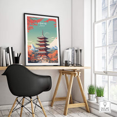 Stunning Tokyo Japan poster featuring a pagoda, displayed in a chic workspace to enhance home decor.