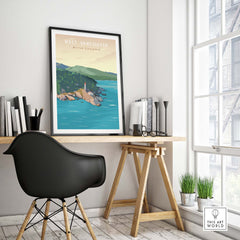 West Vancouver BC travel poster print showcasing the coastal landscape and lighthouse in a stylish home office setting.
