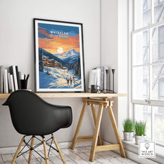 Whistler ski poster featuring a sunset view of a snowy mountain scene in a modern room setting.