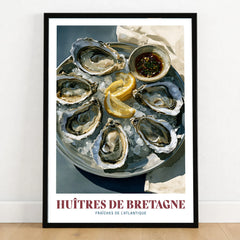 Brittany Oysters French Kitchen Wall Art - art print in black frame on wooden floor