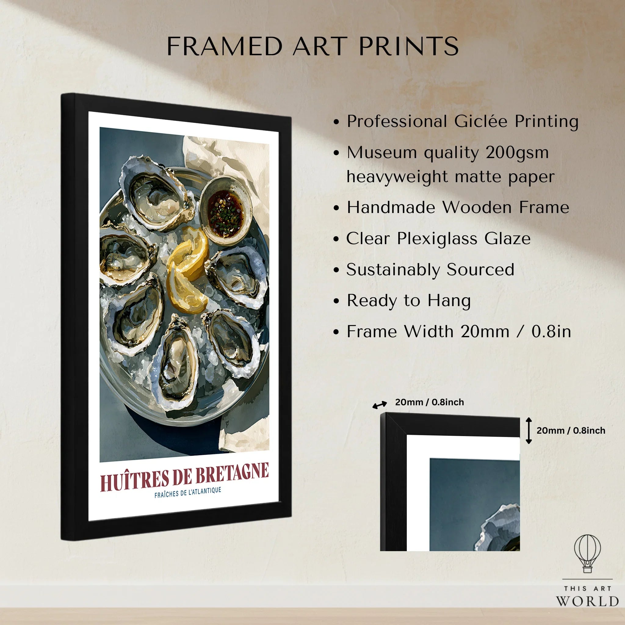 Brittany Oysters French Kitchen Wall Art - framed print details measurements quality details