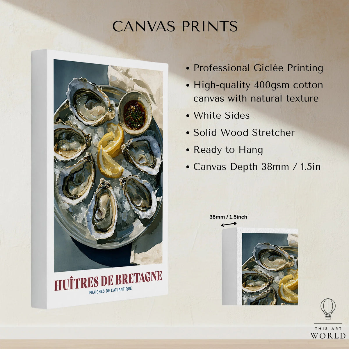 Brittany Oysters French Kitchen Wall Art - canvas print stretched cotton canvas details
