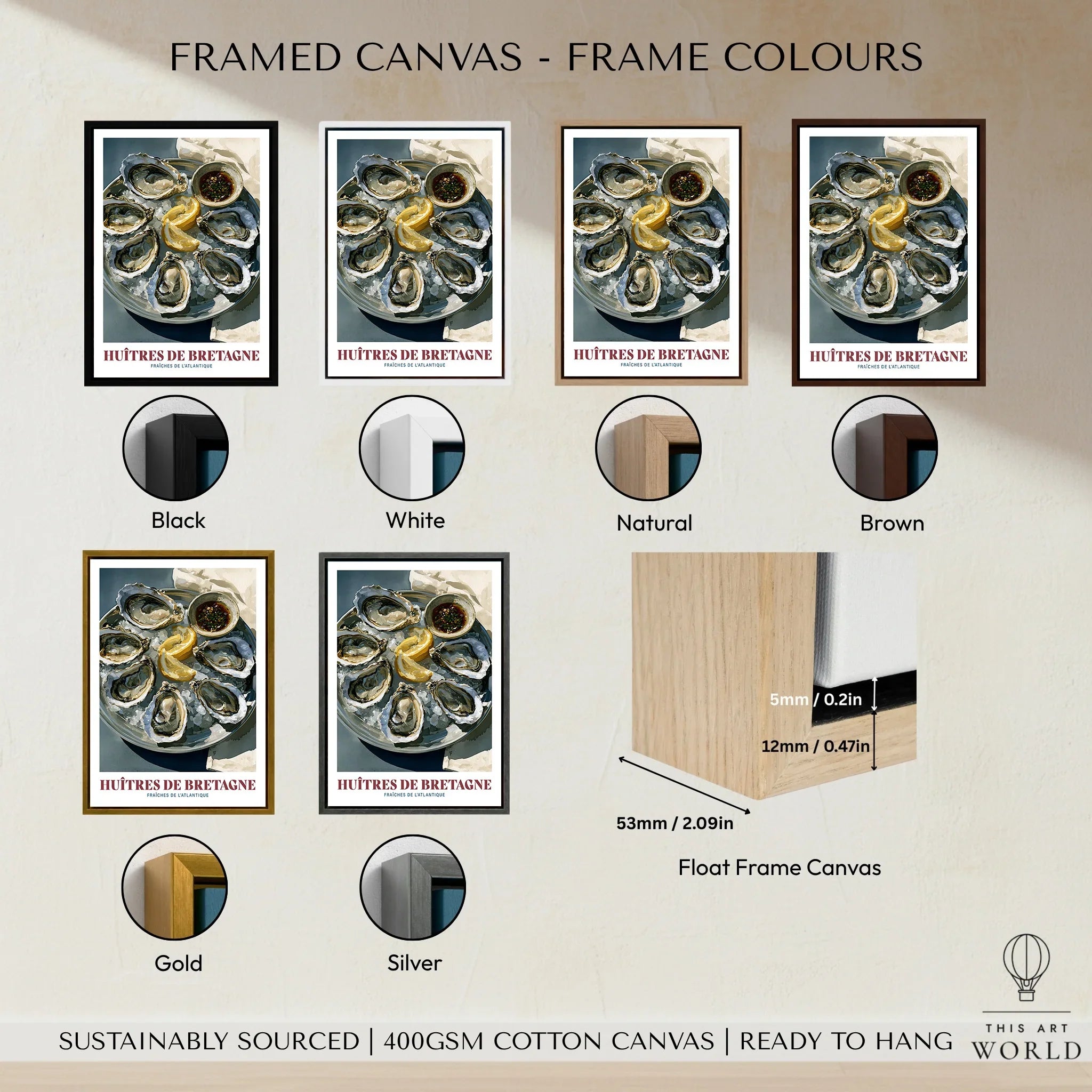 Brittany Oysters French Kitchen Wall Art - framed canvas float frame colour options