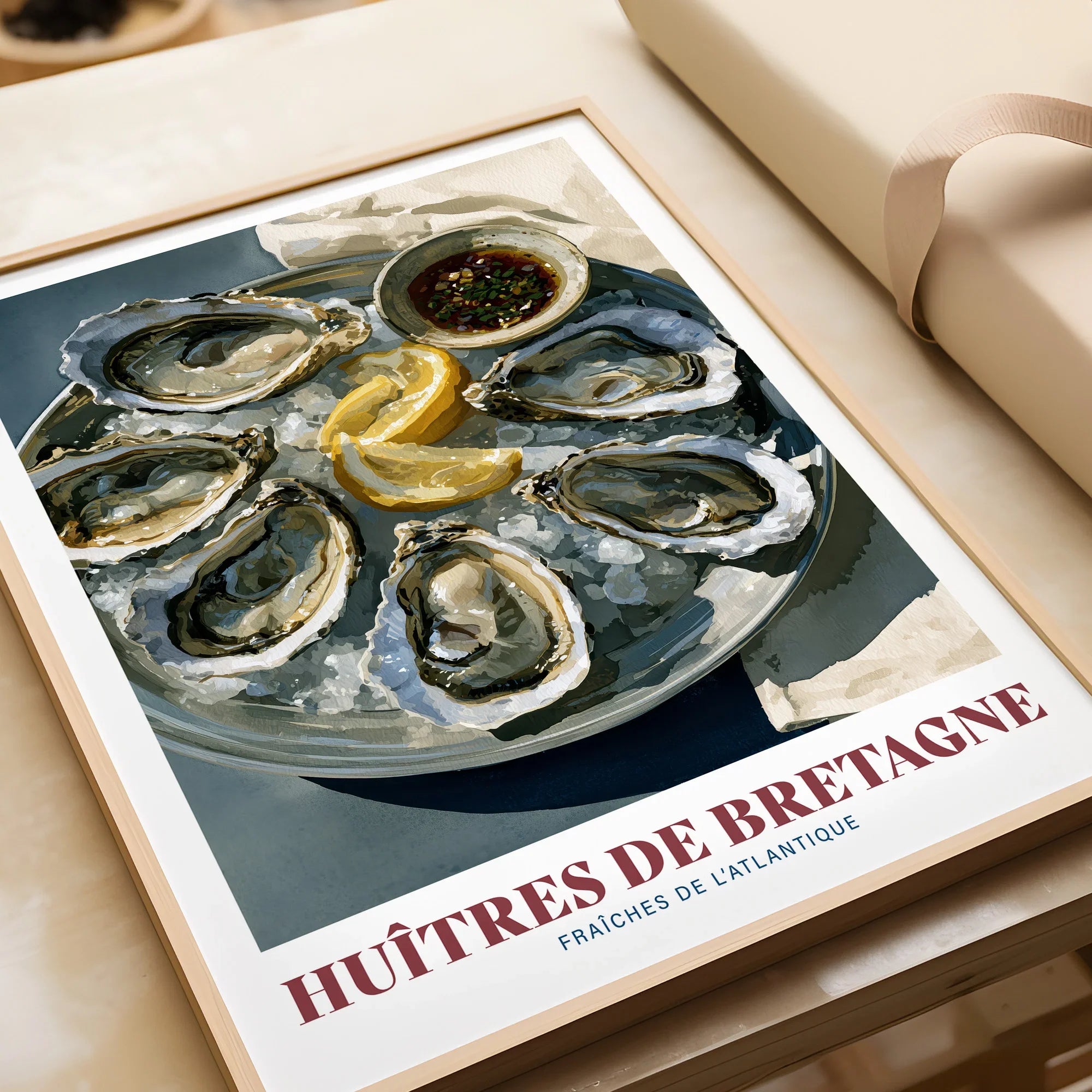 Brittany Oysters French Kitchen Wall Art - framed art print closeup gift unwrapped natural frame