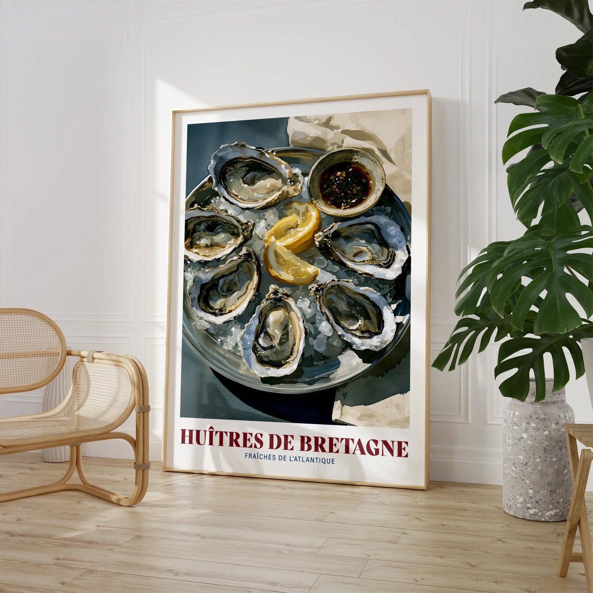 Brittany Oysters French Kitchen Wall Art - large framed print room setting chair plant