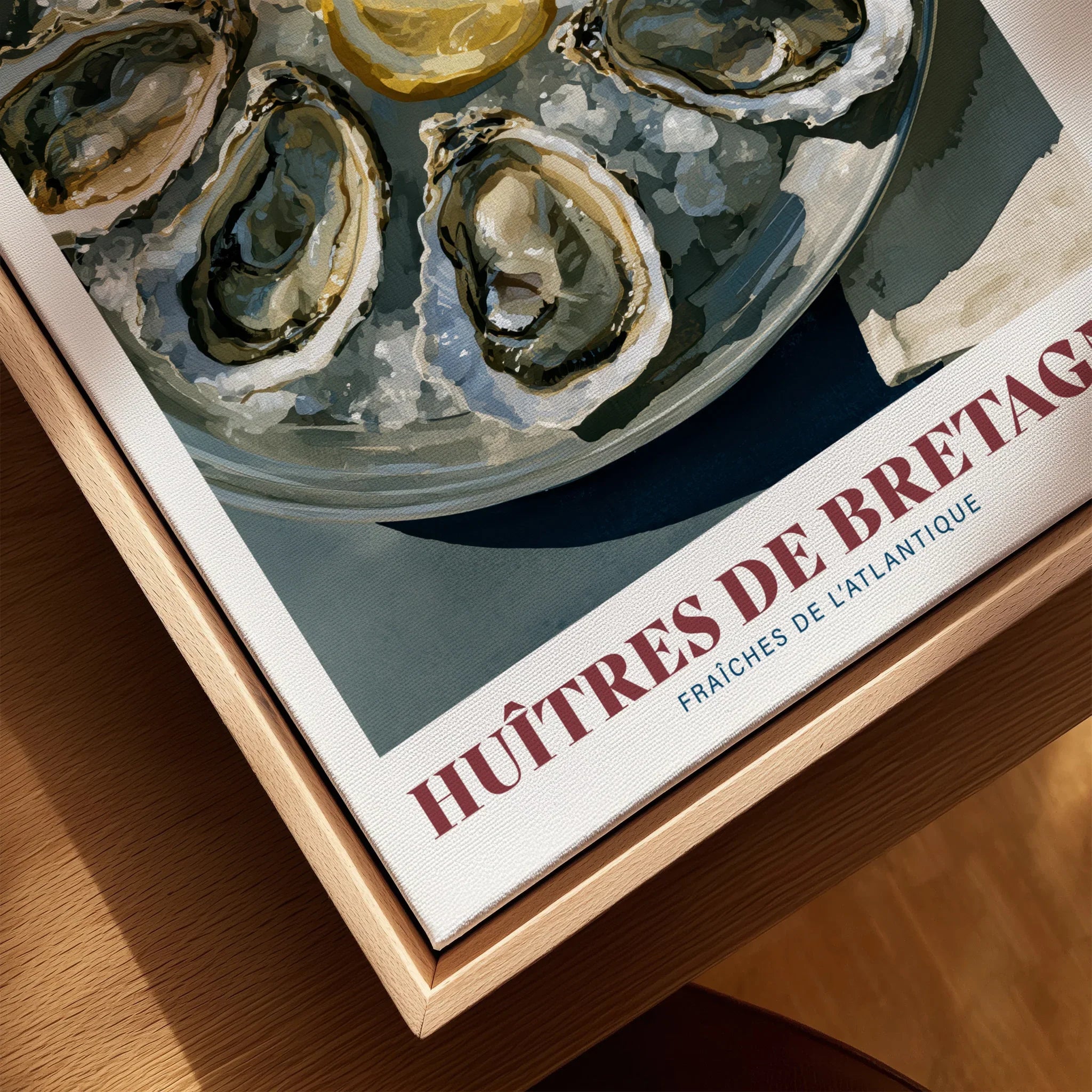 Brittany Oysters French Kitchen Wall Art - closeup framed canvas natural wood floating frame