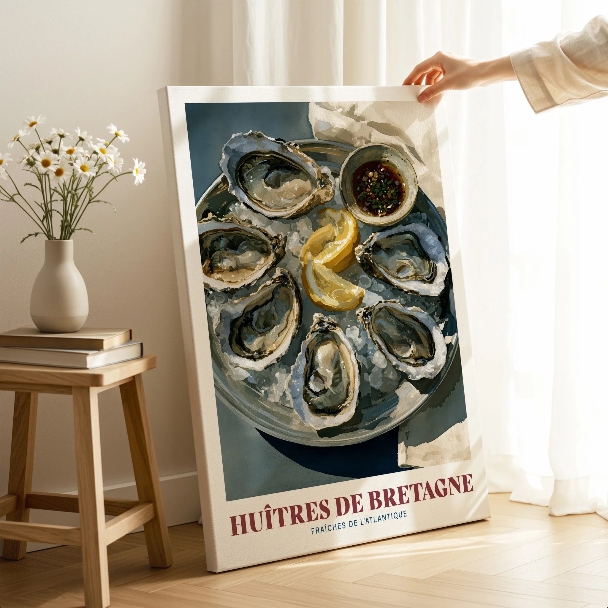 Brittany Oysters French Kitchen Wall Art - canvas print mirror edge hand holding room setting