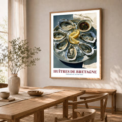Brittany Oysters French Kitchen Wall Art - dining room framed print natural wood frame mockup ThisArtWorld