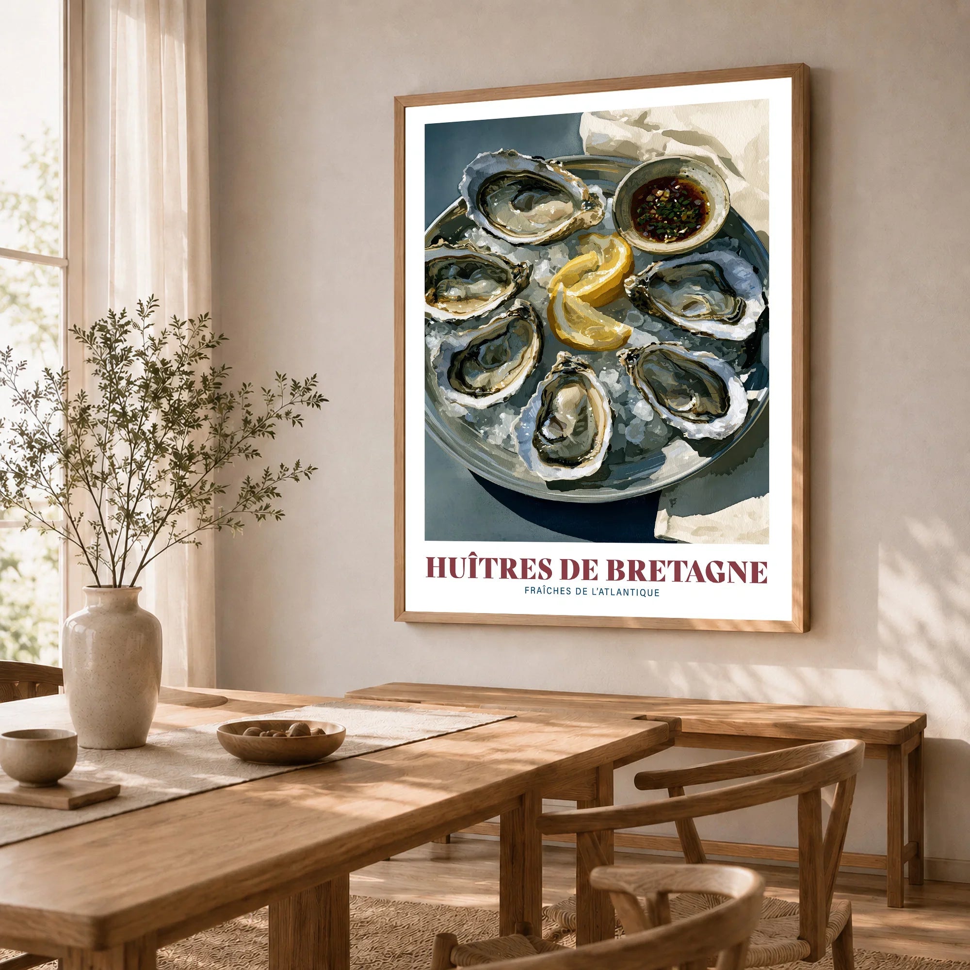 Brittany Oysters French Kitchen Wall Art - dining room framed print natural wood frame mockup ThisArtWorld