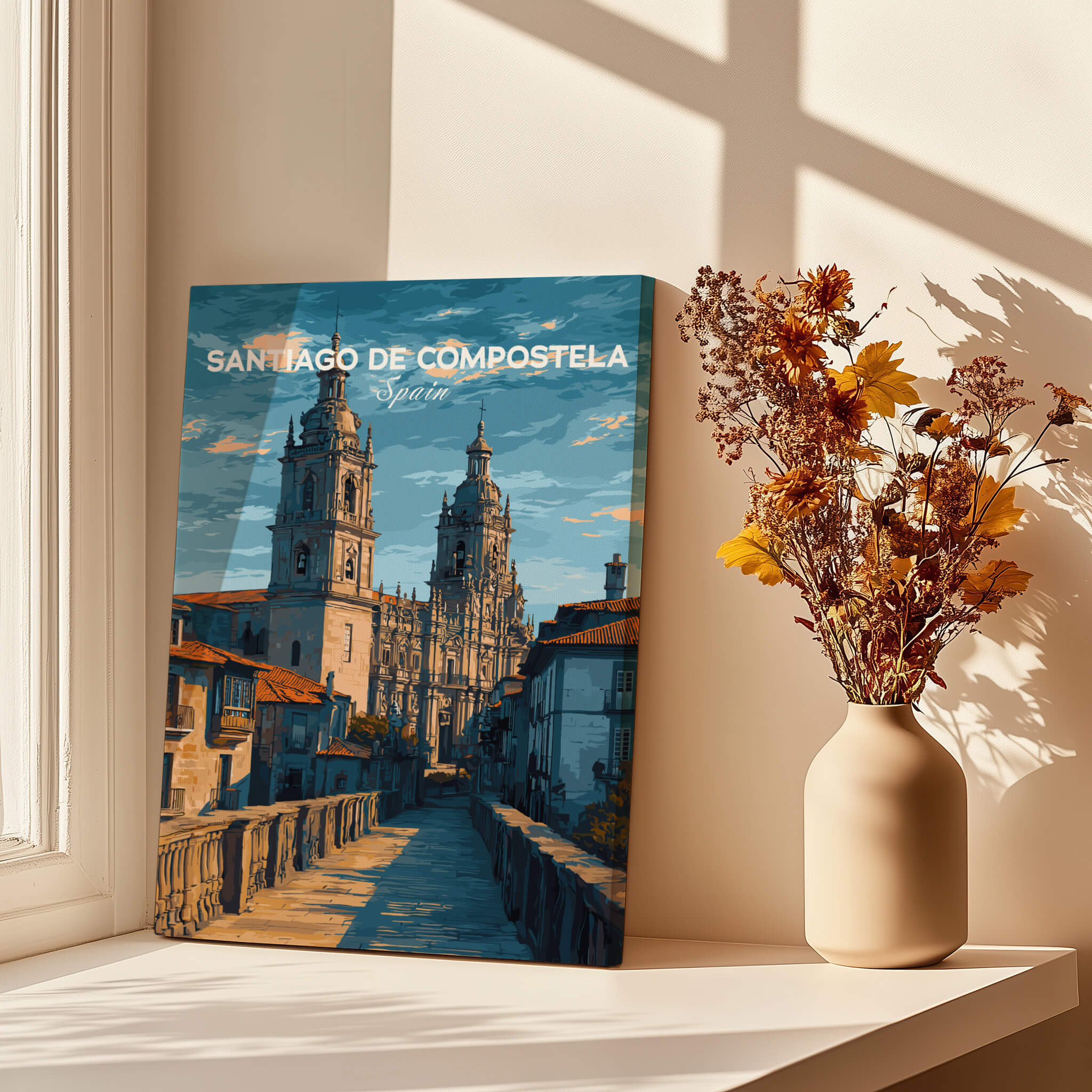 Santiago de Compostela Spain Print | Camino Wall Decor showcasing iconic architecture and rich heritage in warm tones.