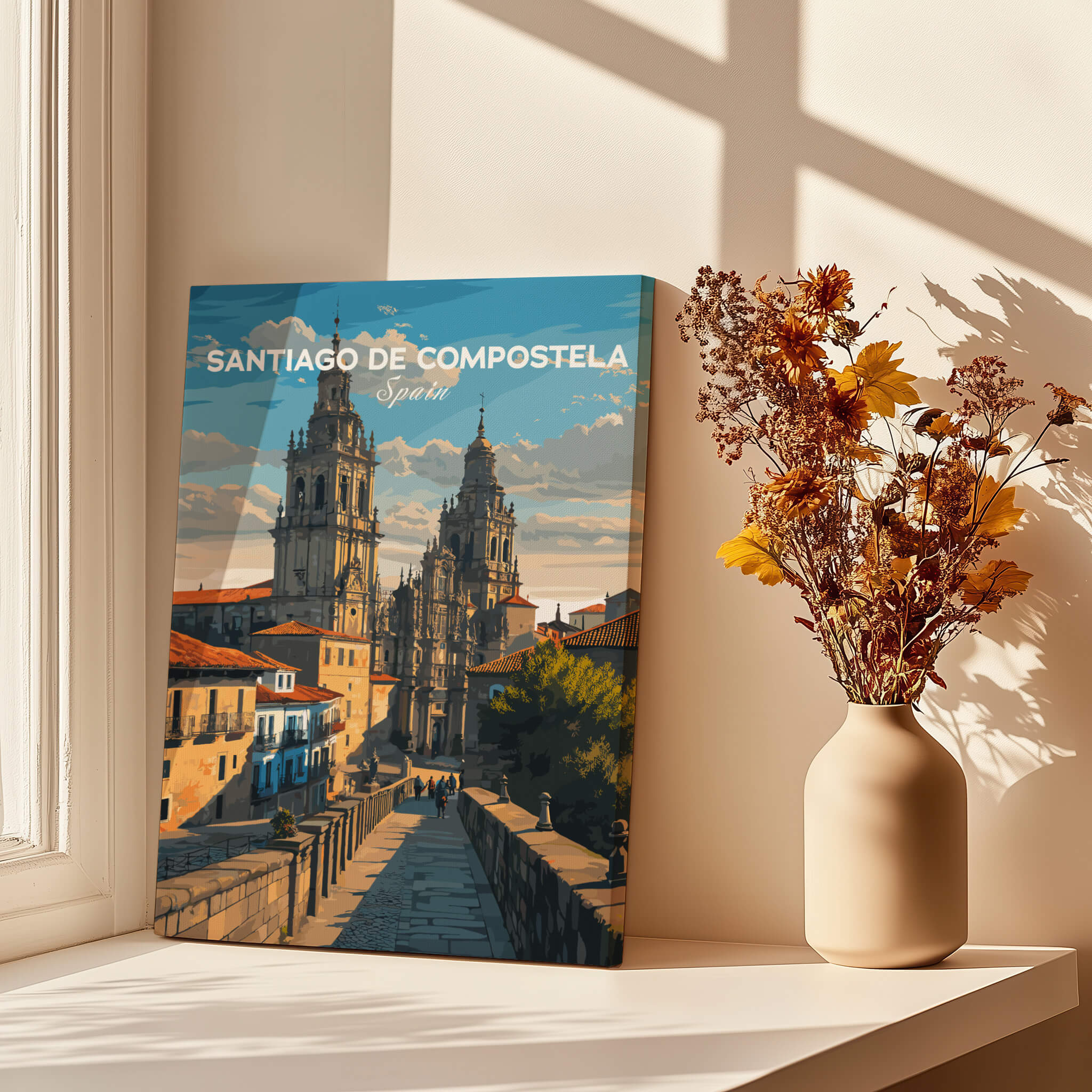 Santiago de Compostela Obradoiro Square View Print | Spanish Religious Art displayed in a sunlit room with flowers.