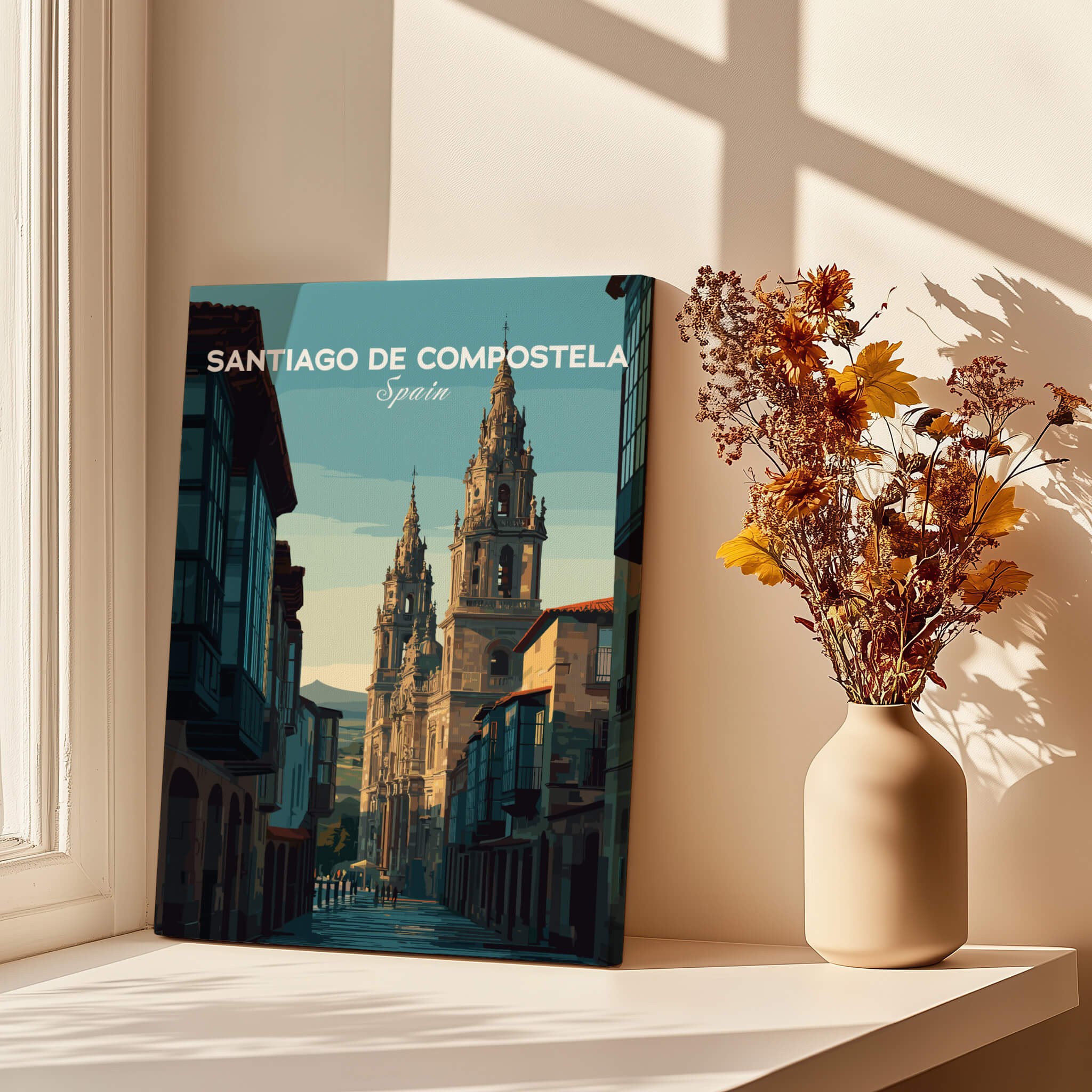 Santiago de Compostela Galician Old Town Architecture Print | Camino Wall Decor showcased in a sunlit room.