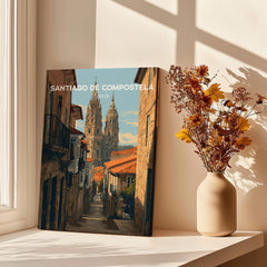 Santiago de Compostela Spain Cobblestone Street View Print | Galician Home Decor in a sunlit room with flowers.